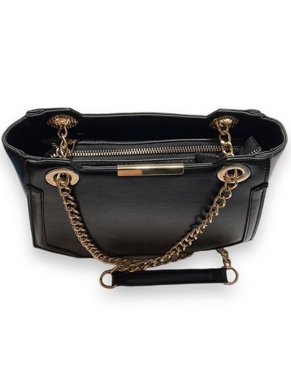 Melie Bianco Geometric Vegan Leather Black Shoulder Bag Purse with Gold Chains - Picture 4 of 8